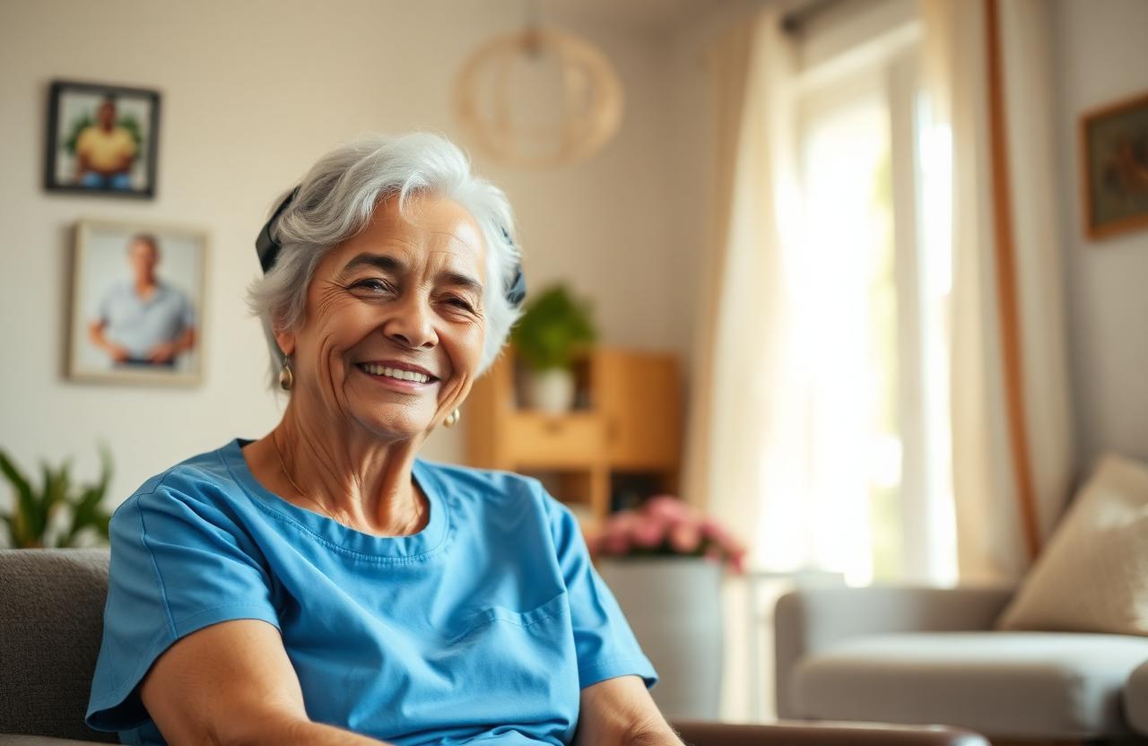 Adulta mayor sonriendo acompañada por personal de enfermería en casa