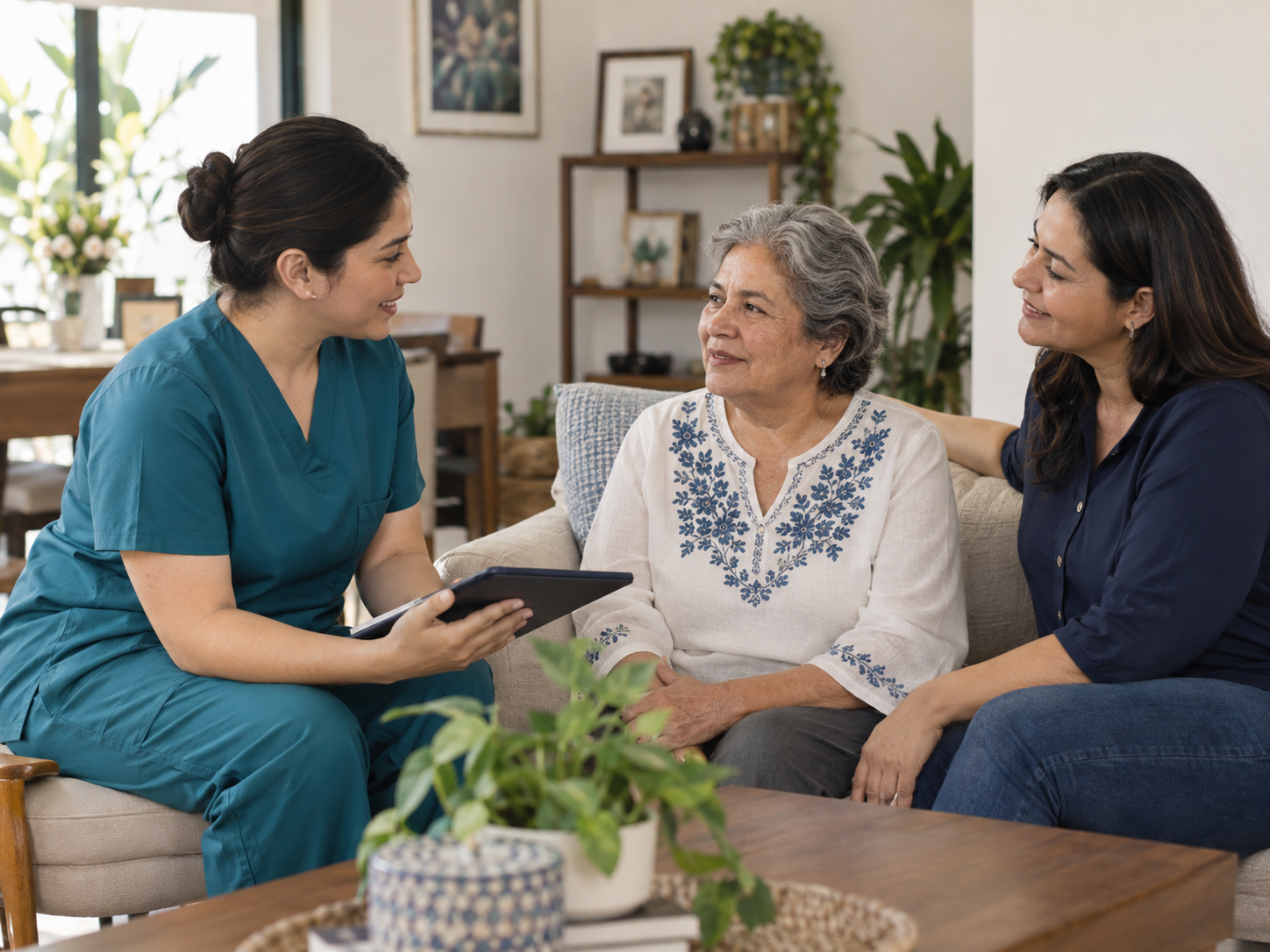Profesional conversa con una adulta mayor y su familiar en casa.