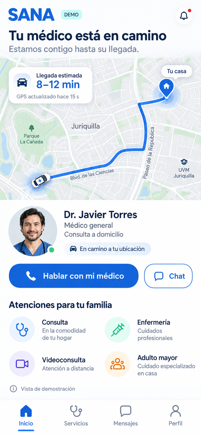 Mapa ilustrativo claro con una ruta turquesa entre el médico y el domicilio
