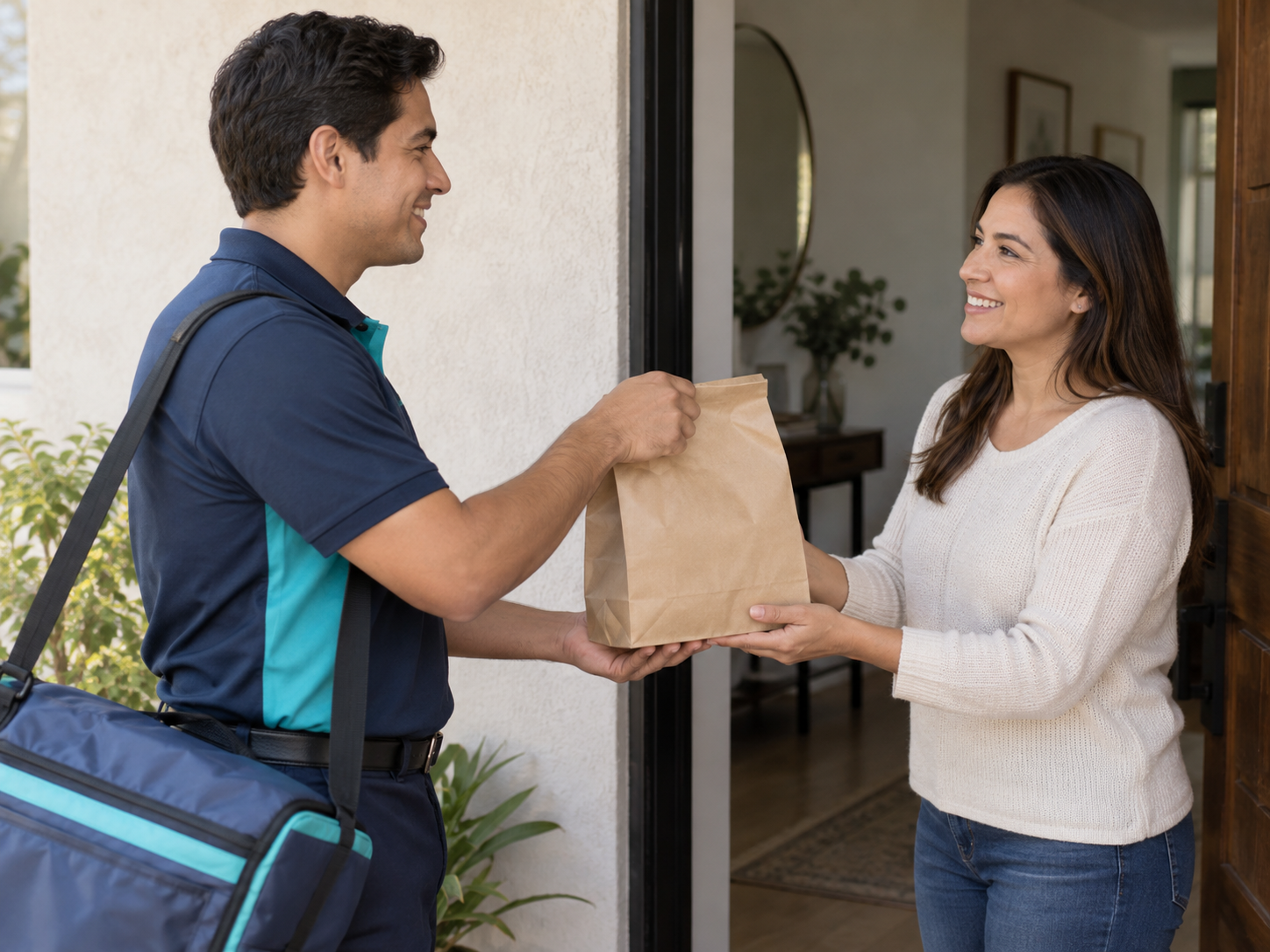 Repartidor entrega una bolsa cerrada en el domicilio de una mujer.